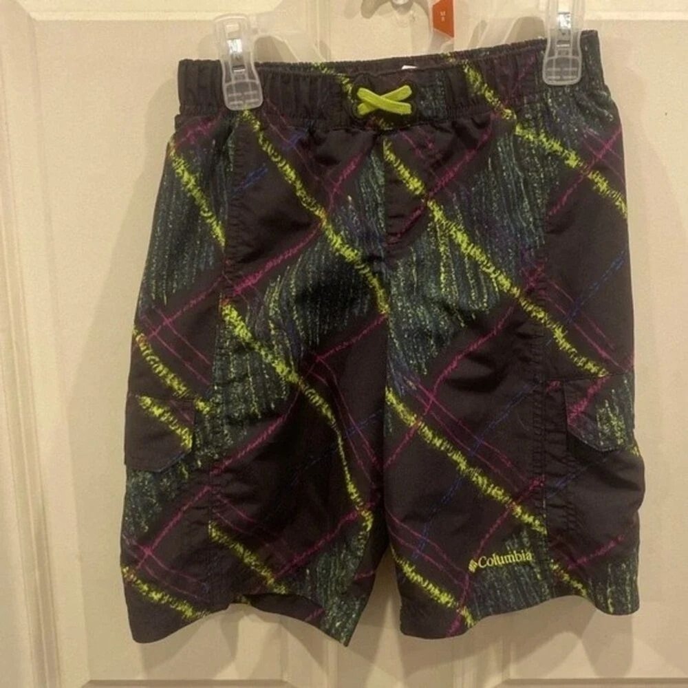 Columbia Kids Boys‎ Black Neon Abstract Plaid Swim Trunks Cargo Shorts Size 4/5